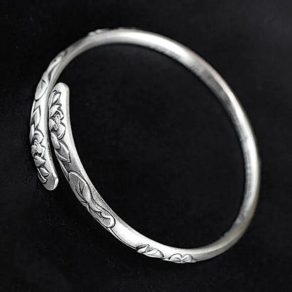 Sterling Silver Lotus Mantra Bangle Bracelet - Picture 7 of 9